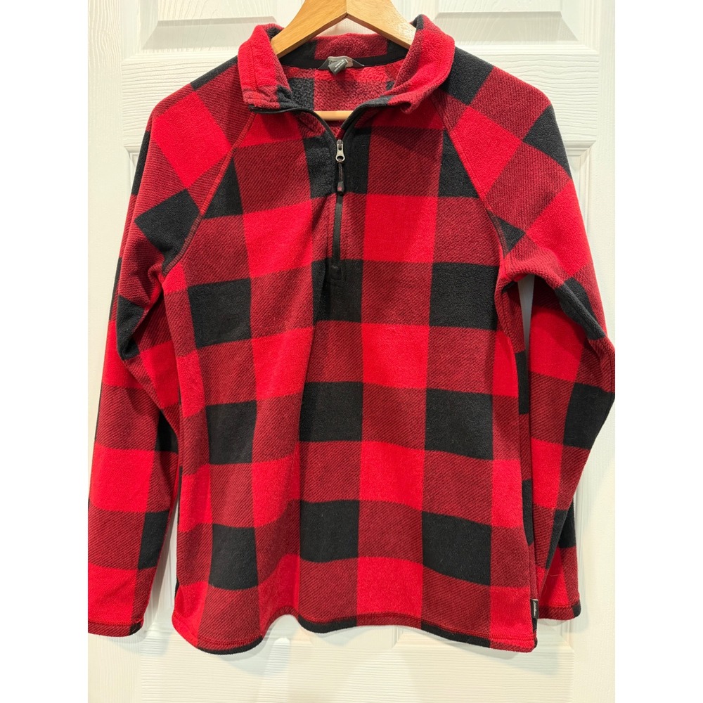 Eddie Bauer Women Red Black Buffalo Plaid Quarter Zip Fleece Pullover Fall Layer